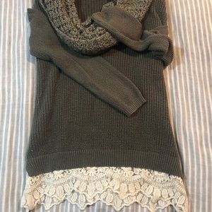 Olive Green Tunic Sweater with Lace Trim